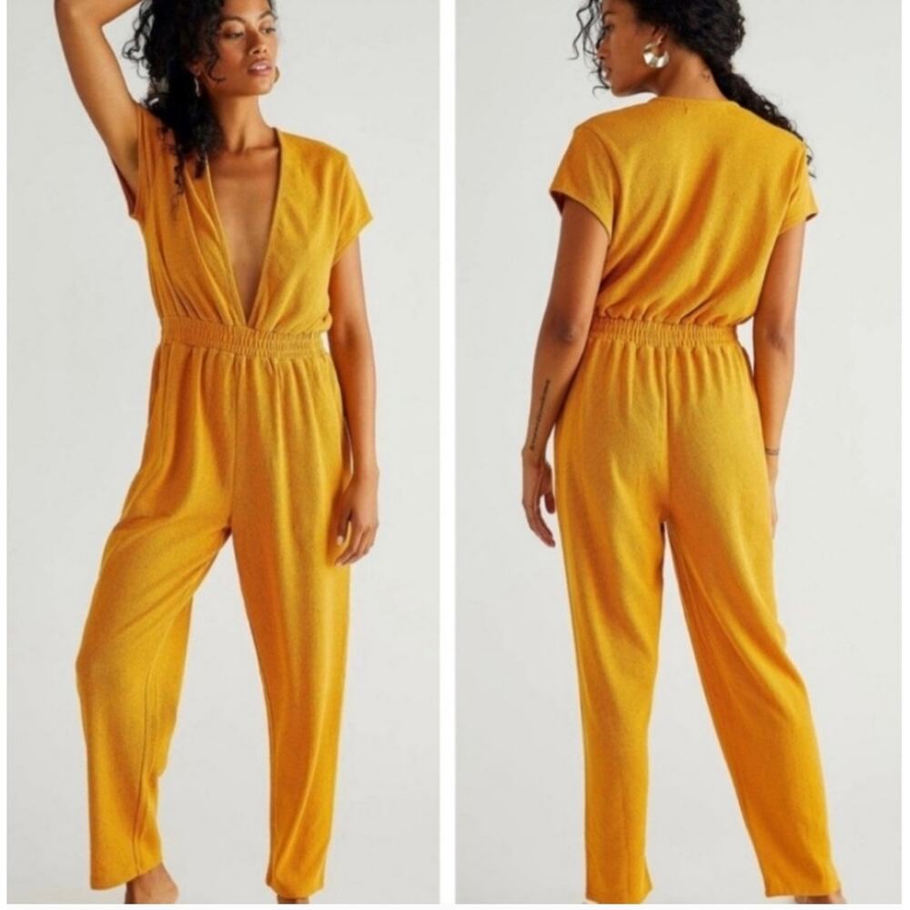 Free People Beach Rita Marigold Terry Cloth Plunge Neck Jumpsuit Size XS Resort